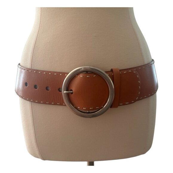 PRADA Belt Women 36 EU 90 Wide Leather Brass Round Buckle Hippie Statement Italy - Picture 1 of 16